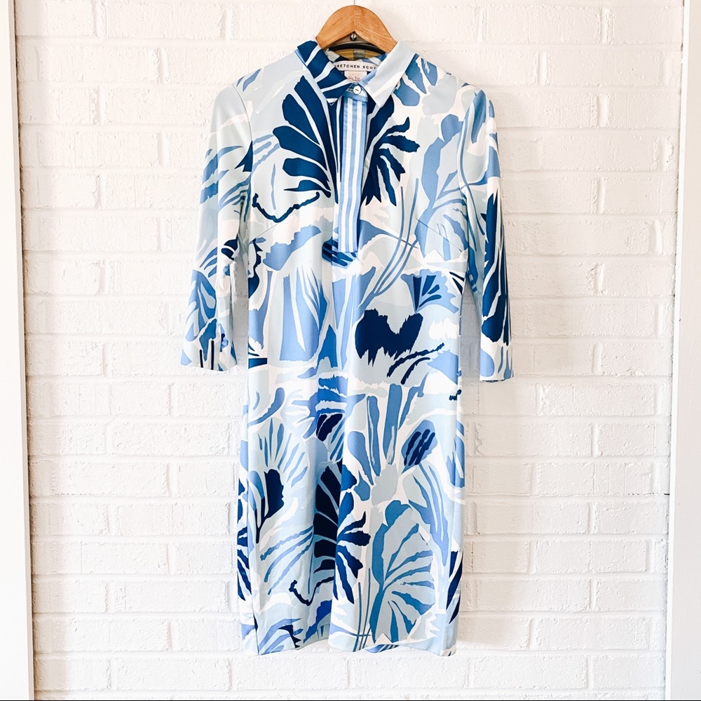 Gretchen Scott Blue Print Stretch Shirt Dress Size S